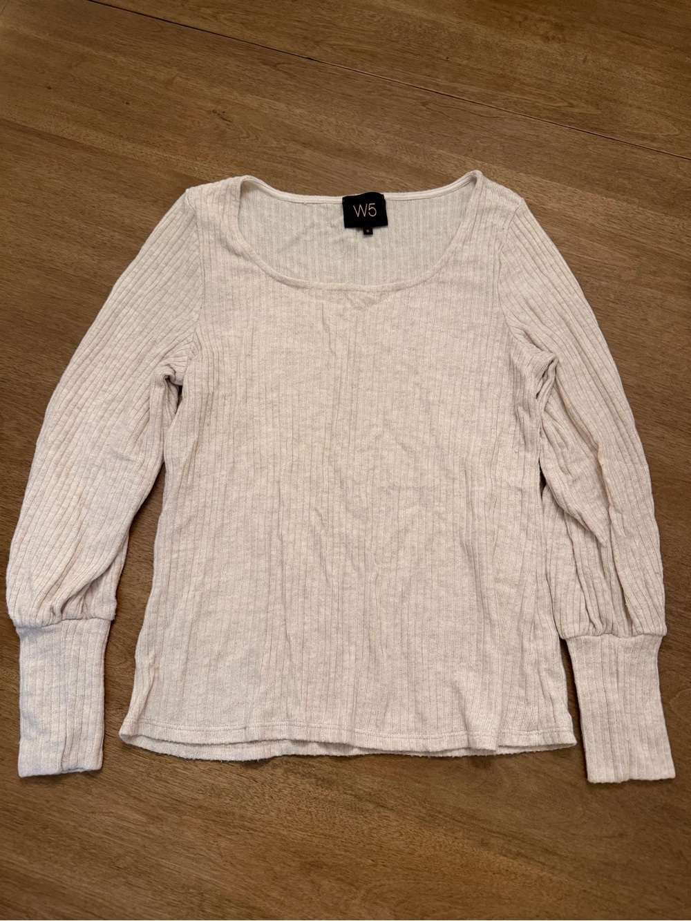 W5 Cream Ribbed Scoop Neck Long Sleeve Top - Lightweight Knit